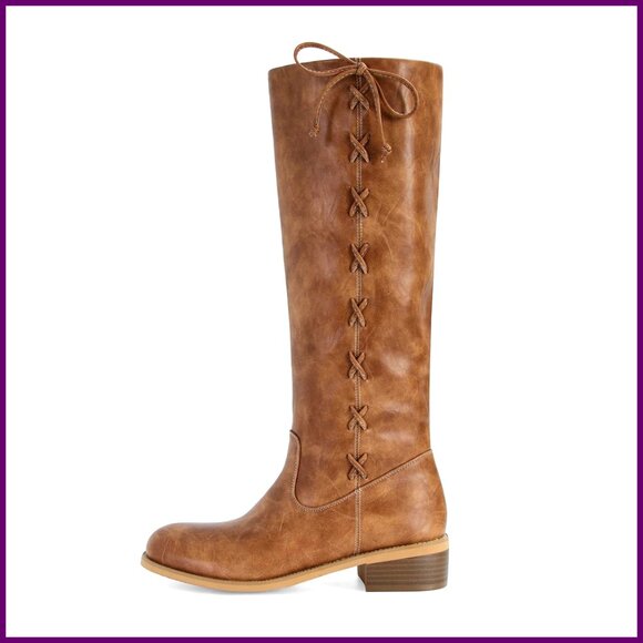 Knee High Riding Boots Side Lace Leather Chunky Heel Wide Calf Motorcycle
